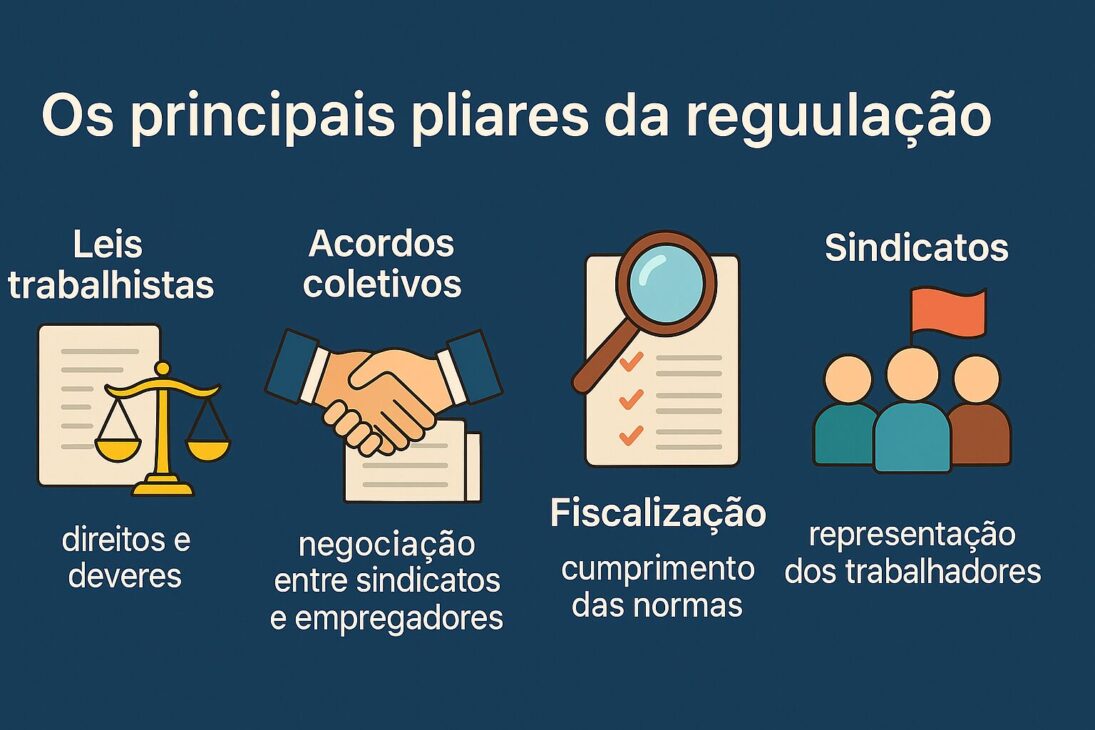 Infografía ilustrativa destacando los principales pilares de la regulación del mercado laboral, con íconos representando leyes, acuerdos colectivos, fiscalización y sindicatos.