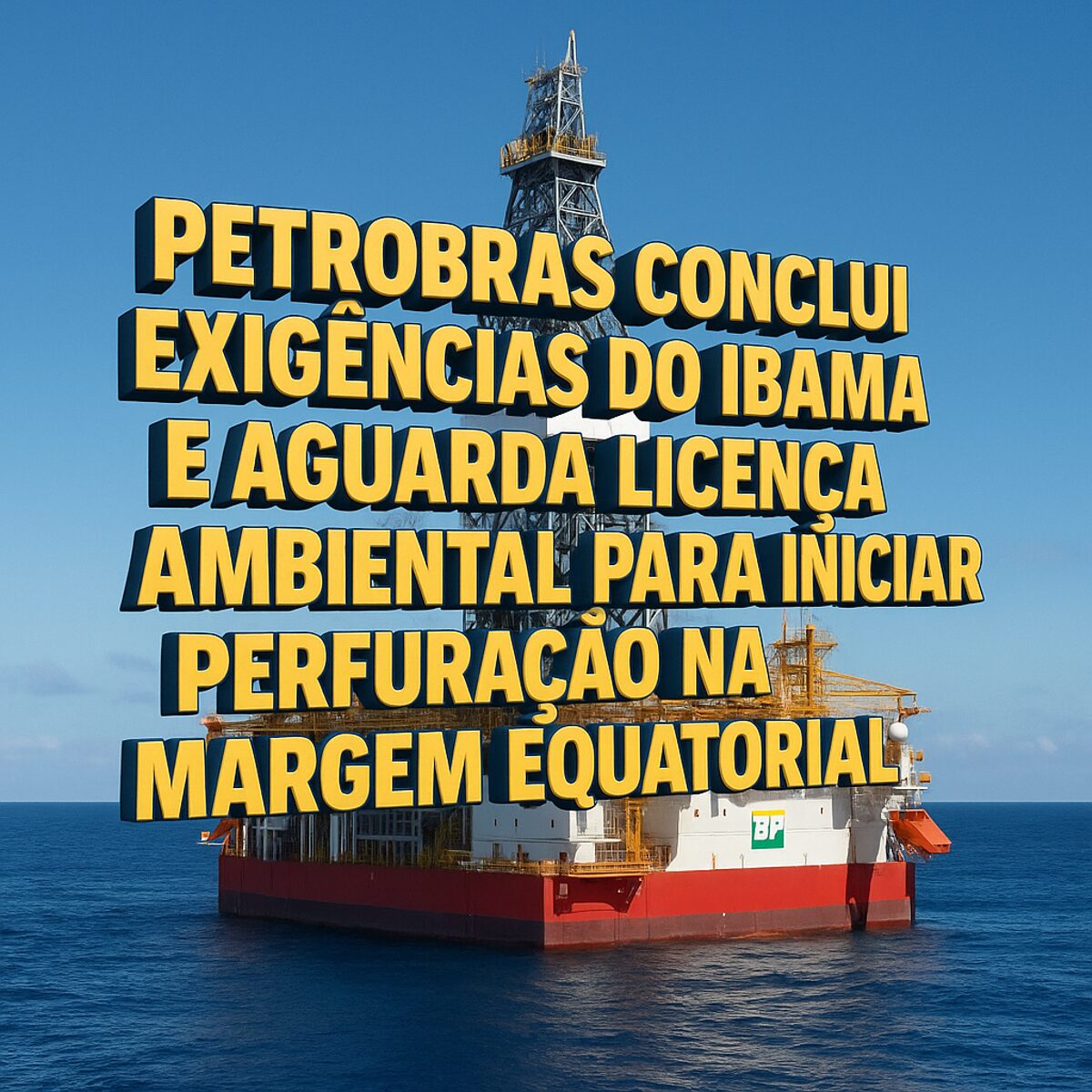 Plataforma da Petrobras no oceano com texto sobre exigências do Ibama e licença ambiental para perfuração na Margem Equatorial