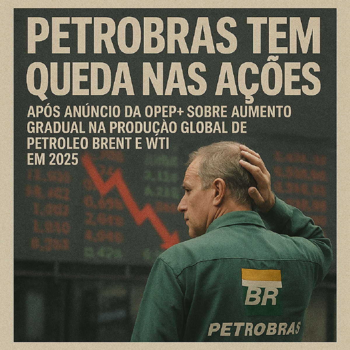 Funcionário da Petrobras observa painel com queda nas ações após anúncio da Opep+ sobre aumento da produção de petróleo em 2025.