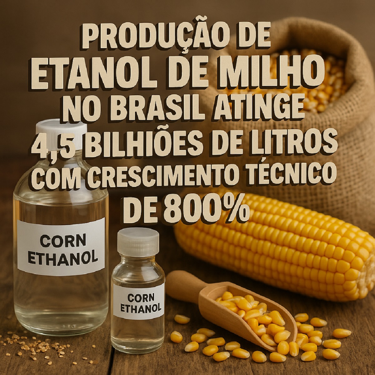 Frascos de etanol de milho com espiga e grãos em destaque sobre mesa de madeira, representando crescimento da produção no Brasil