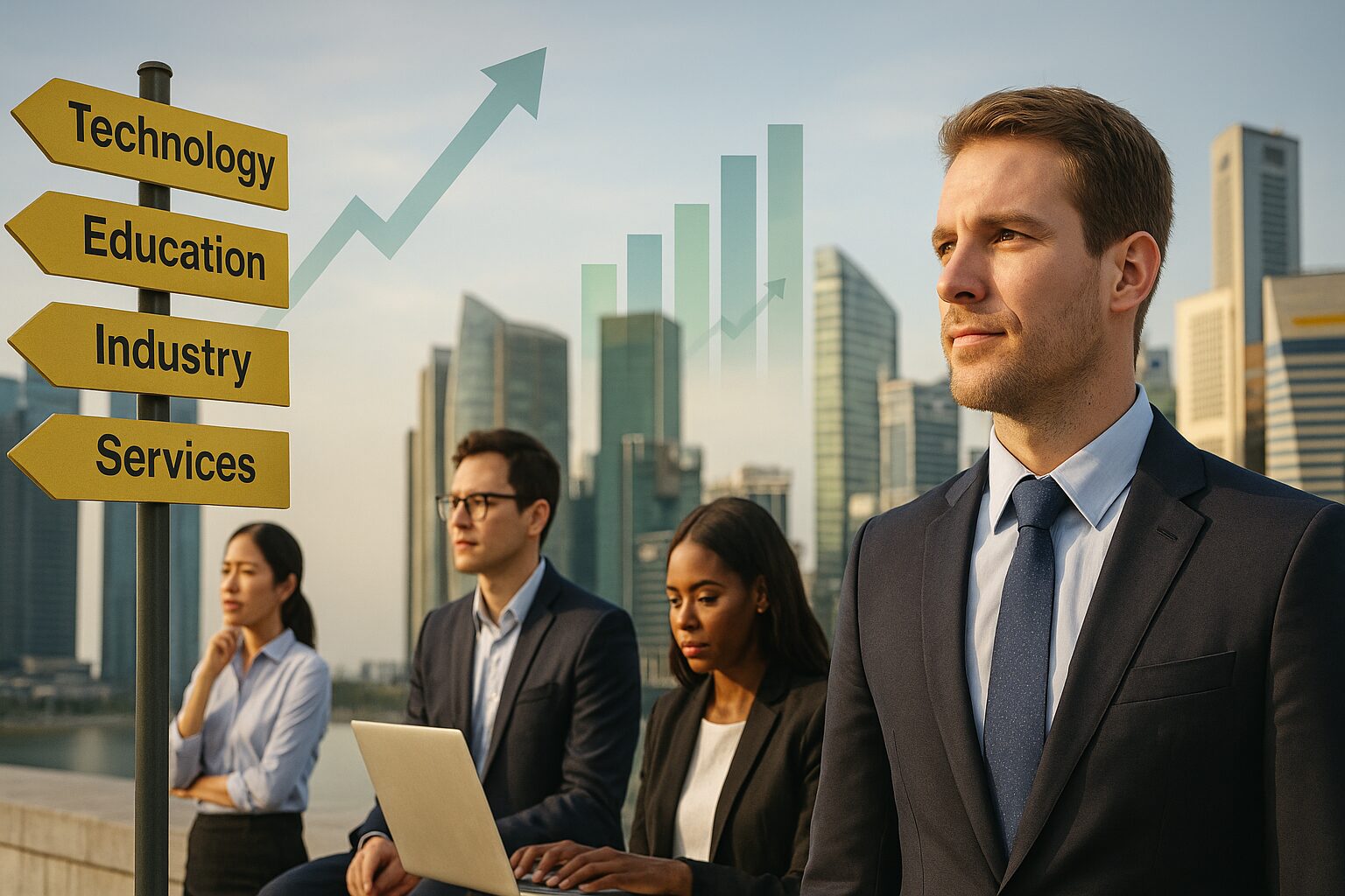 Profissionais diversos diante de uma cidade moderna, com sinalizações de setores do mercado de trabalho e gráficos de crescimento.