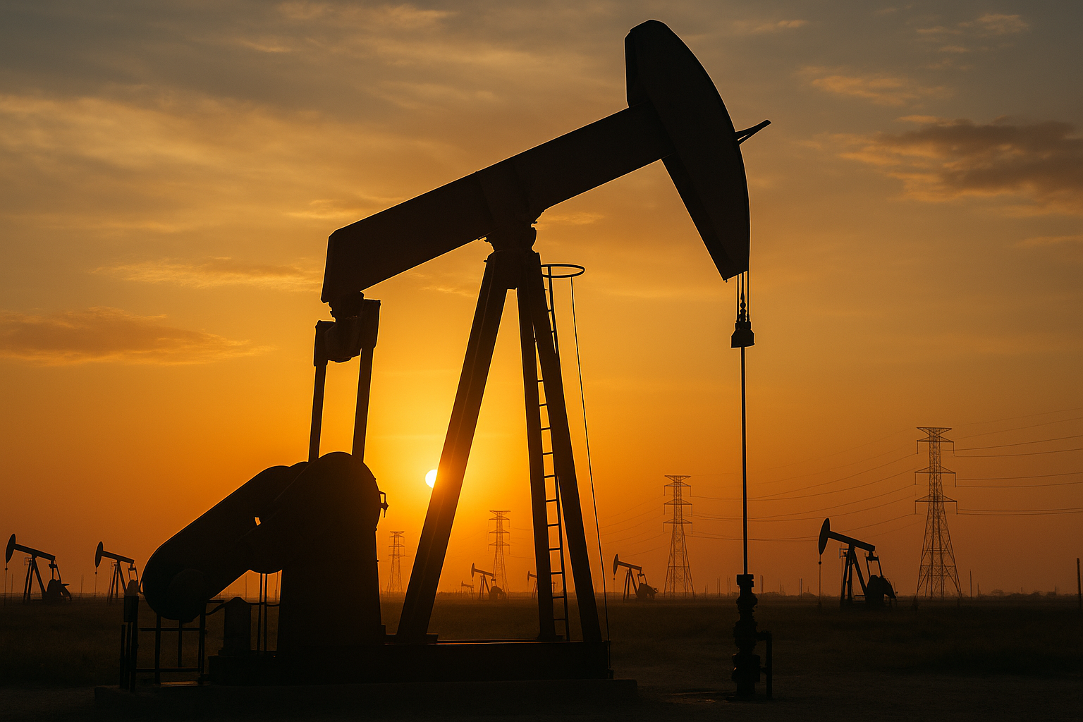 Bomba de extração de petróleo ao pôr do sol em campo aberto com torres de energia ao fundo.