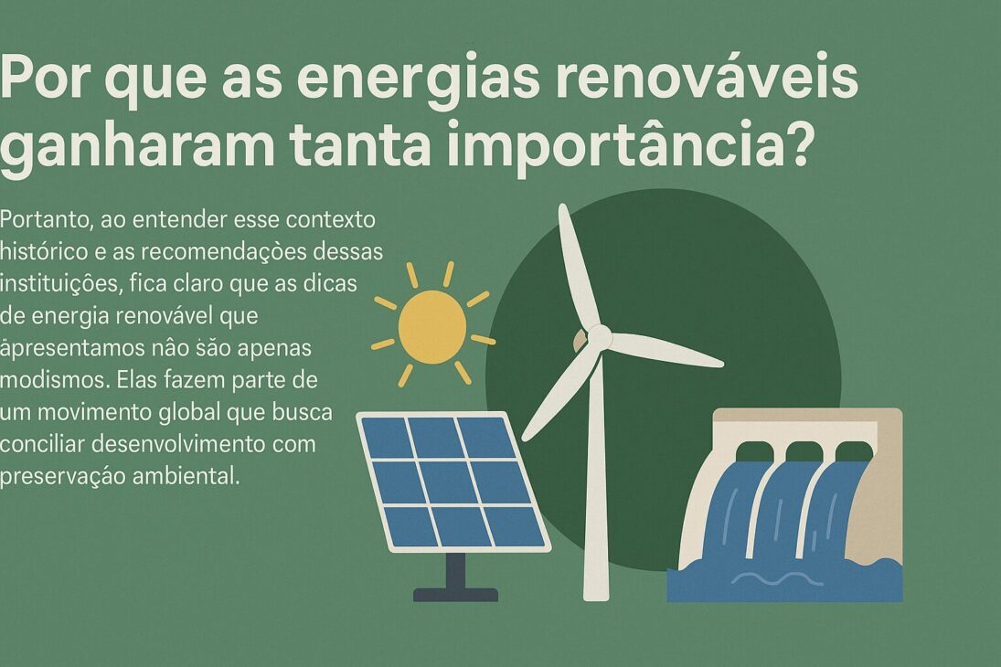 Infográfico en estilo flat design explicando la importancia de las energías renovables, con íconos representando energía solar, eólica y hidroeléctrica sobre fondo verde texturizado.