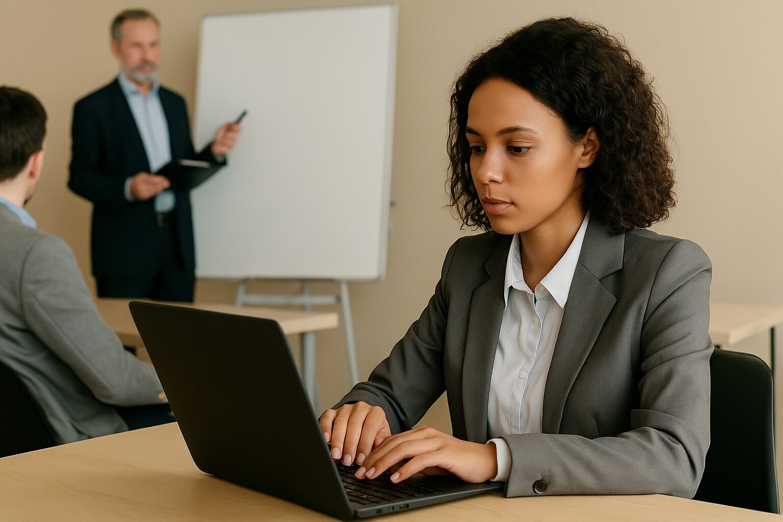Mulher digitando em laptop durante uma apresentação corporativa com colegas atentos ao fundo.
