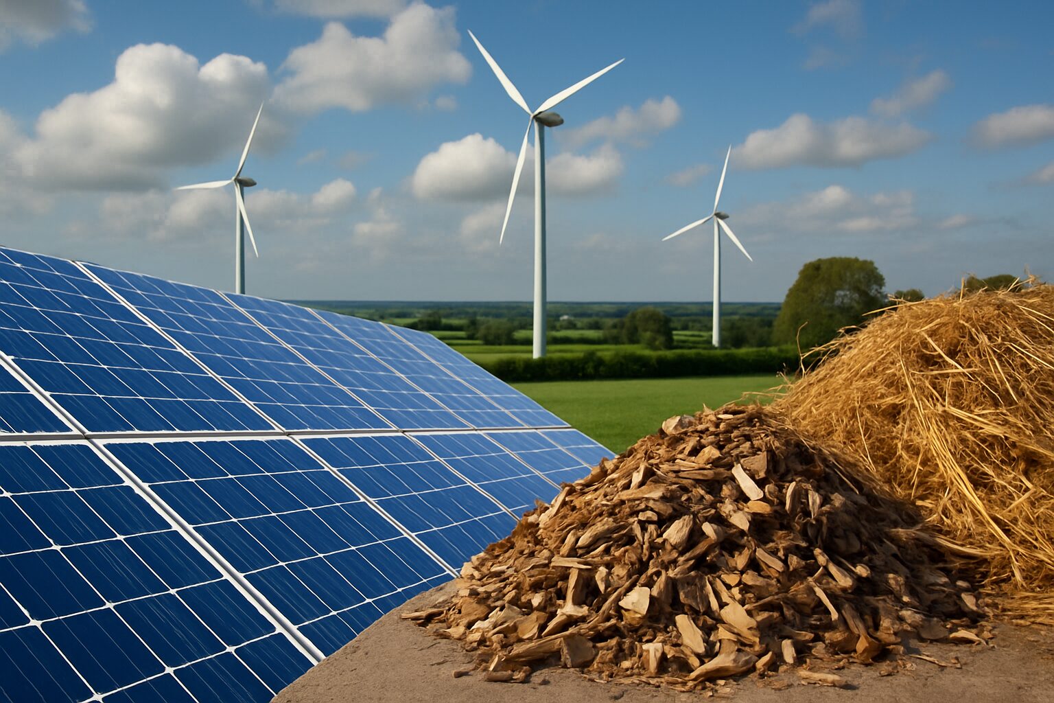 Painel solar, turbinas eólicas e biomassa em um campo verde sob céu azul.