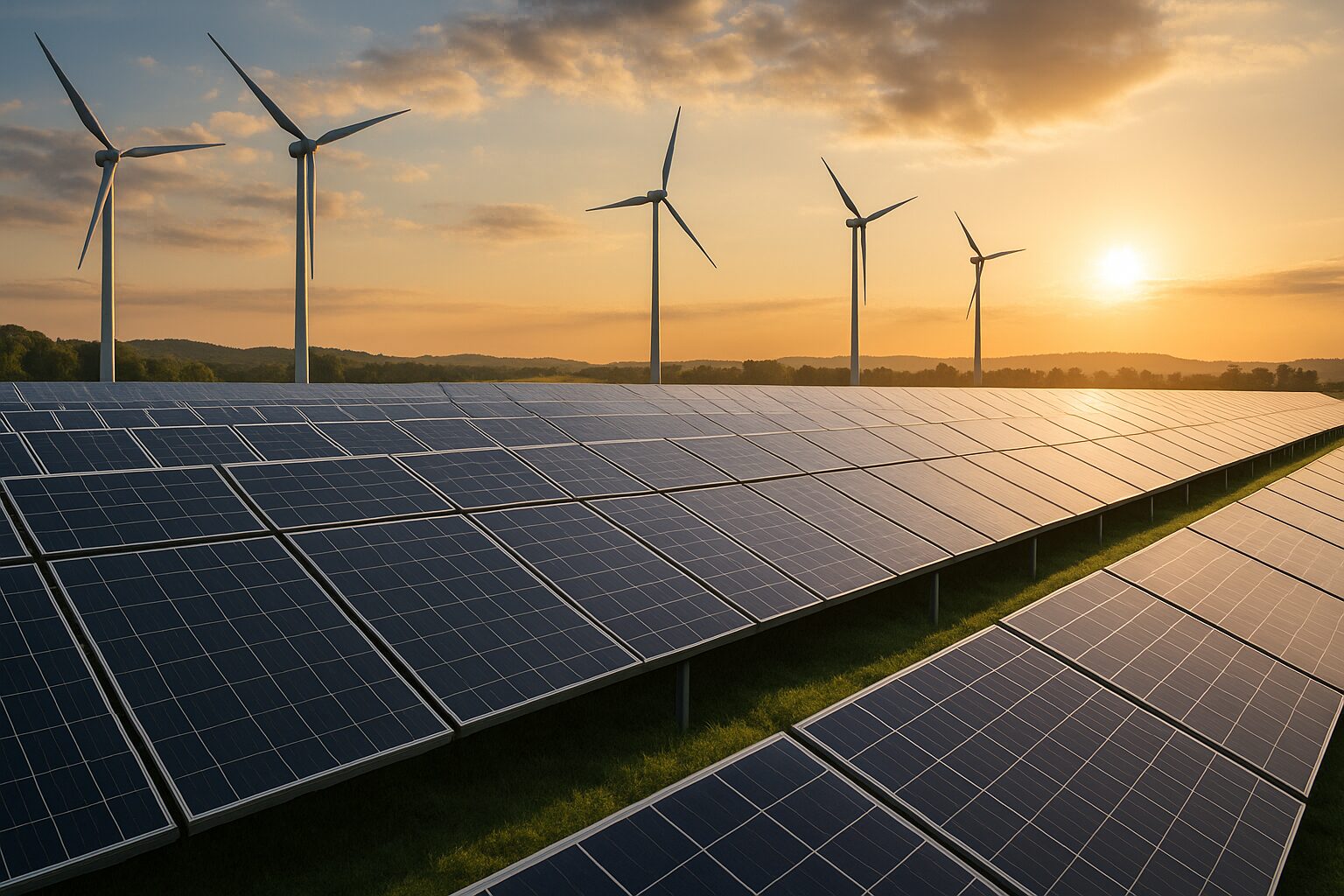 Parque de energia renovável com painéis solares e turbinas eólicas ao pôr do sol.