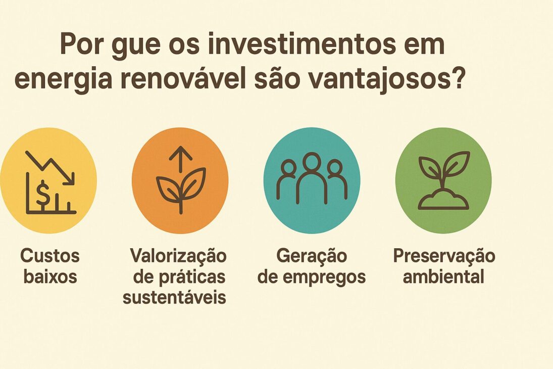 Infográfico en portugués mostrando cuatro beneficios de las inversiones en energía renovable: costos bajos, valorización de prácticas sostenibles, generación de empleos y preservación ambiental, con íconos ilustrativos en estilo flat.