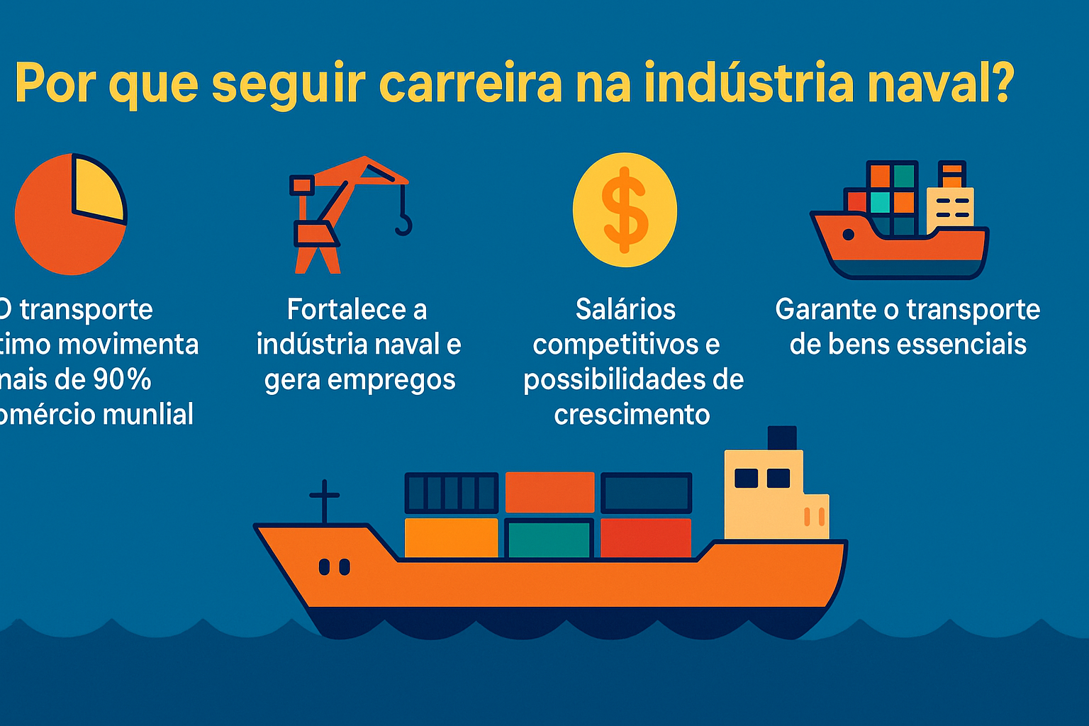 Infográfico en estilo flat con fondo azul e íconos coloridos que destacan cuatro motivos para seguir carrera en la industria naval: el transporte marítimo mueve más del 90% del comercio mundial, fortalecimiento de la industria y generación de empleos, salarios competitivos con posibilidad de crecimiento y transporte de bienes esenciales.