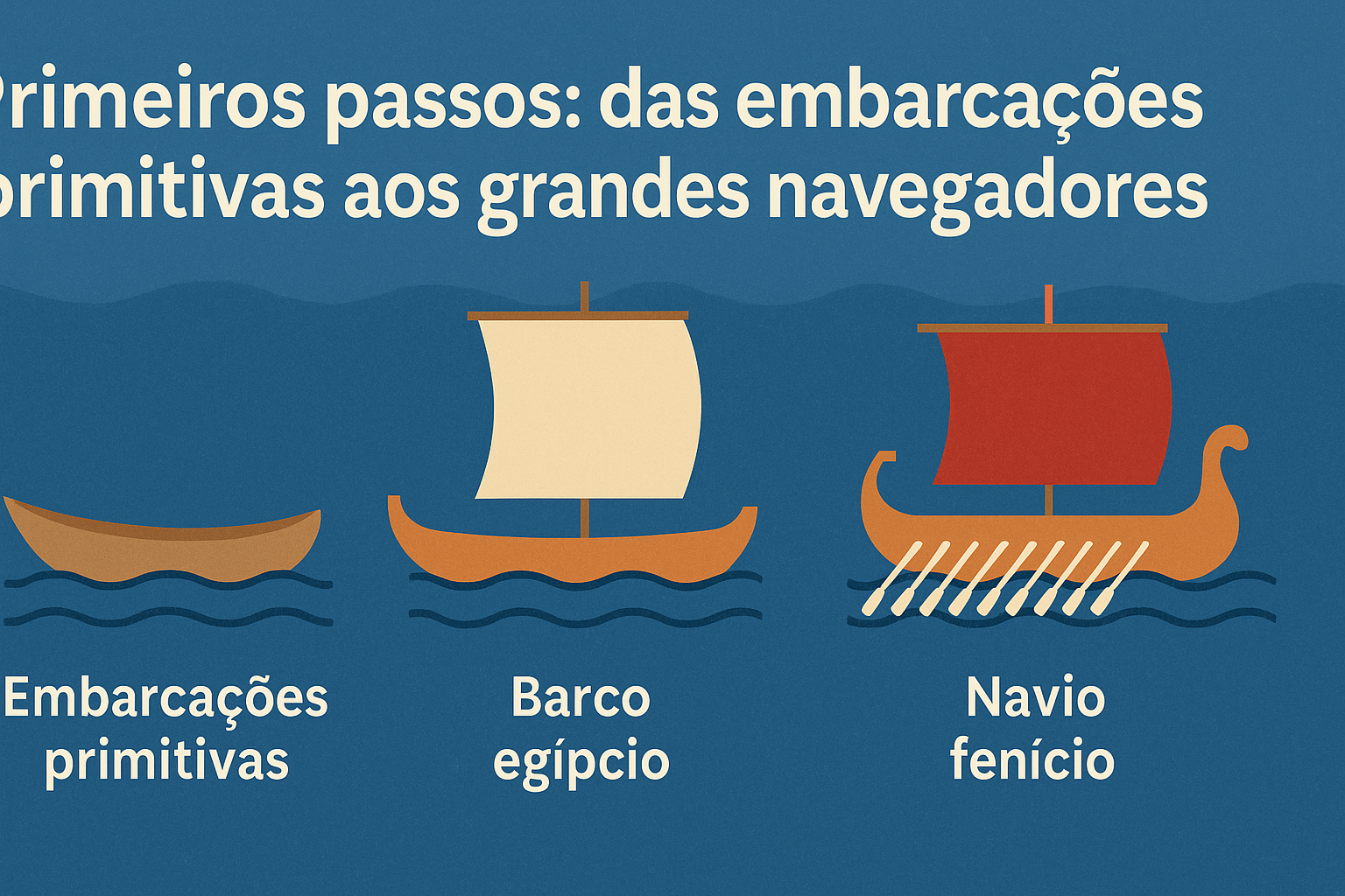Infográfico horizontal ilustrando tres tipos de embarcaciones históricas: una canoa primitiva, un barco egipcio con vela clara y un barco fenicio con vela roja y remos.