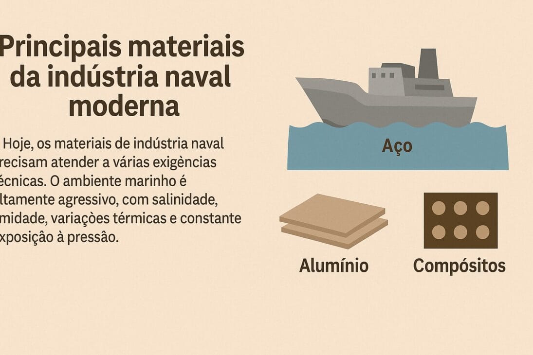 Infografía sobre los principales materiales de la industria naval moderna, destacando acero, aluminio y compuestos, con ilustraciones y texto explicativo en español.