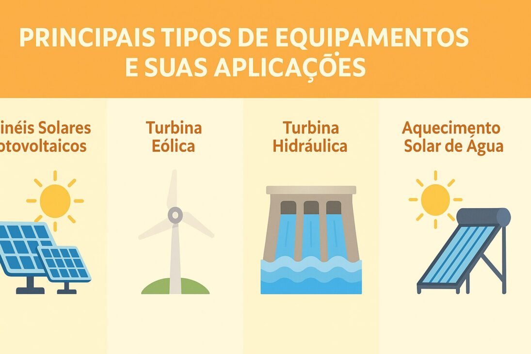 Infográfico en estilo flat con cuatro secciones representando paneles solares, turbinas eólicas, plantas hidroeléctricas y calentadores solares, con íconos coloridos y textos explicativos en portugués.