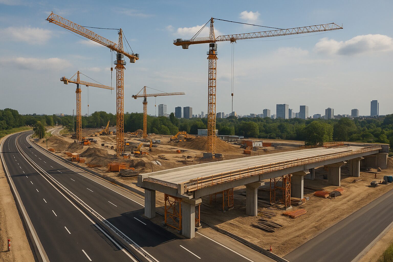 Construção de rodovia com ponte elevada e guindastes ao fundo em cenário urbano.