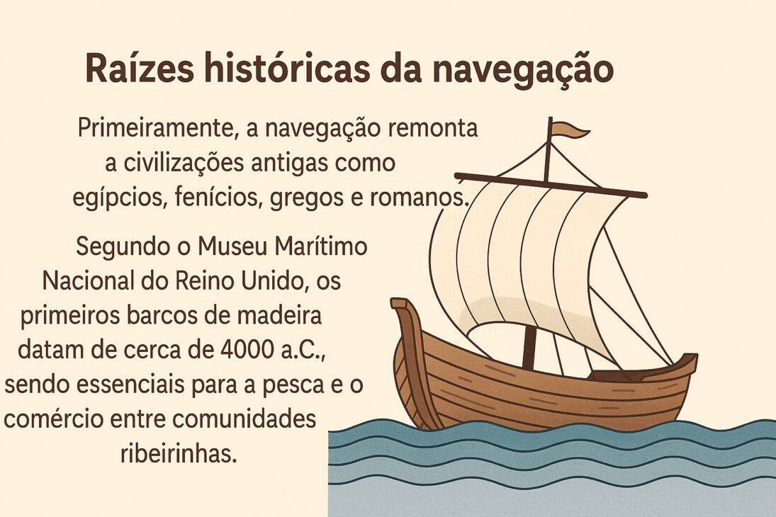 Infografía en paisaje ilustrando la historia de la navegación, con texto centralizado en tonos terrosos y una imagen estilizada de un barco antiguo a vela a la derecha.