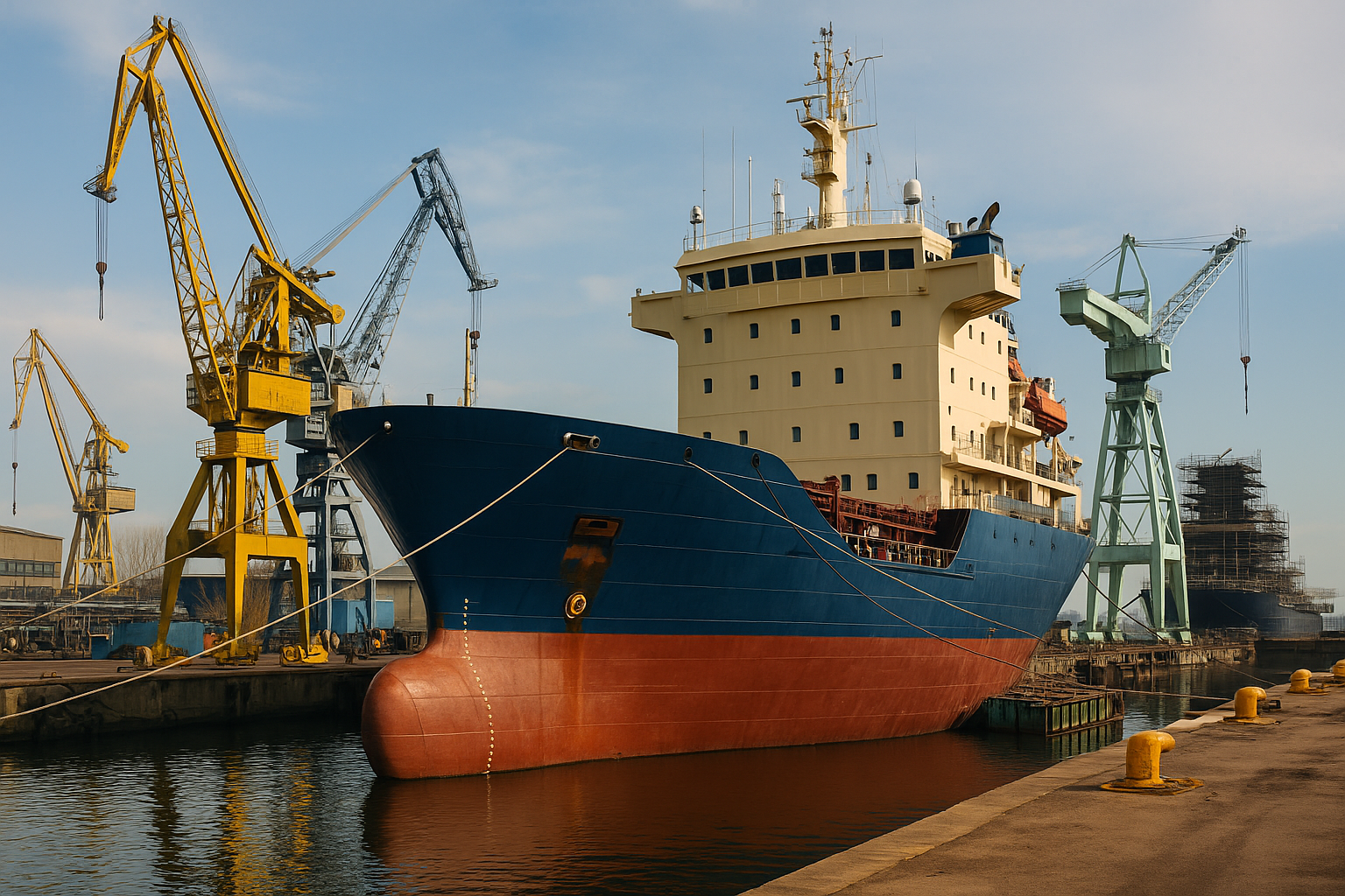 Navio cargueiro atracado em estaleiro com guindastes industriais ao fundo