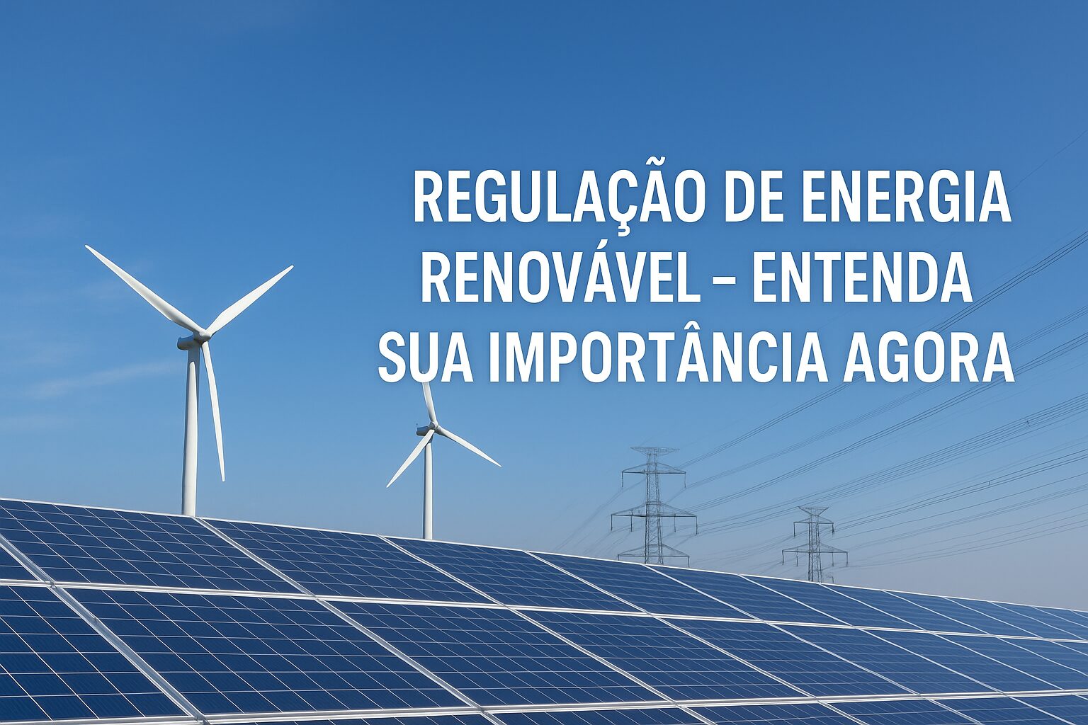 Painéis solares e turbinas eólicas sob céu azul com texto sobre regulação de energia renovável.