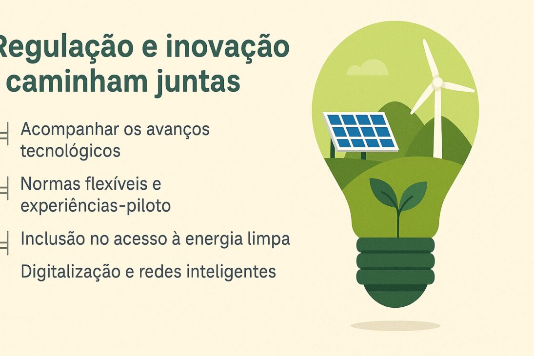 Infográfico en estilo plano destacando la relación entre regulación e innovación en energía renovable, con íconos de paneles solares, turbina eólica y una bombilla verde simbolizando sostenibilidad.