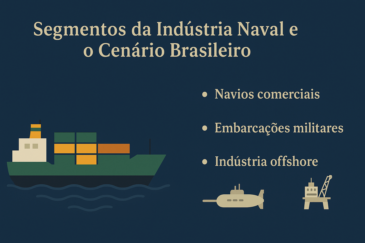 Infografía mostrando los segmentos de la industria naval brasileña, con ilustración de un barco carguero estilizado en colores verde y amarillo y tres tópicos: barcos comerciales, embarcaciones militares e industria offshore, acompañados de íconos representativos.