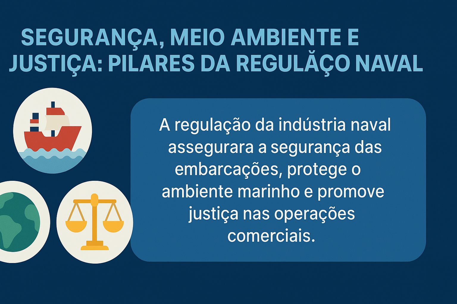 Infografía horizontal con fondo azul oscuro. A la izquierda, tres íconos en estilo plano: un barco, un planeta Tierra y una balanza de la justicia. A la derecha, en destaque, un texto explicativo sobre cómo la regulación naval asegura la seguridad de las embarcaciones, protege el ambiente marino y promueve justicia en las operaciones comerciales.