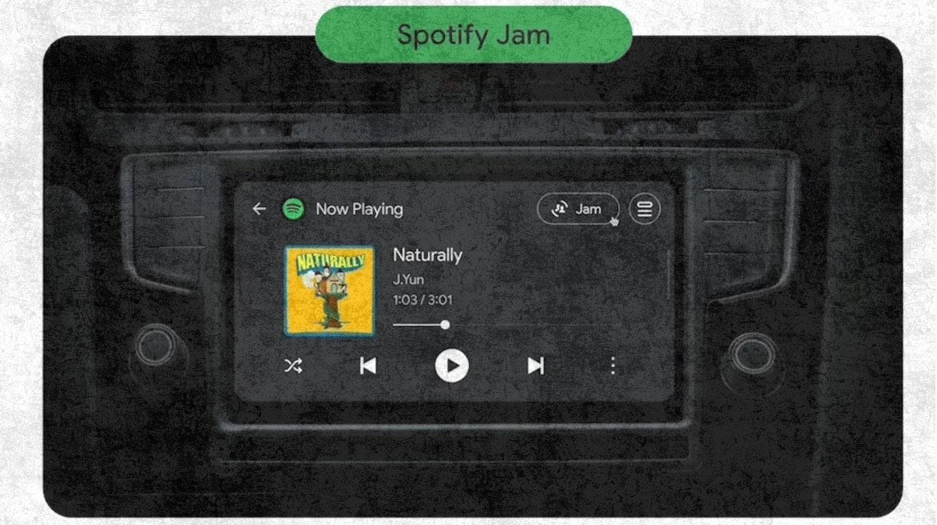 Tela do Android Auto exibindo o Spotify Jam com playlist colaborativa e controle de músicas em tempo real