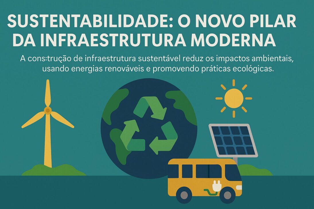 Infográfico com globo terrestre, turbinas eólicas, painéis solares e ônibus elétrico, ilustrando o papel da sustentabilidade na infraestrutura moderna.