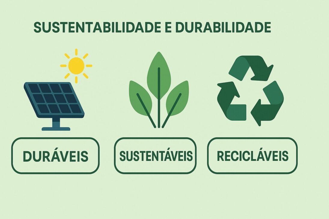 Infográfico com ícones representando durabilidade, sustentabilidade e reciclabilidade, relacionado ao uso de materiais de energia renovável.