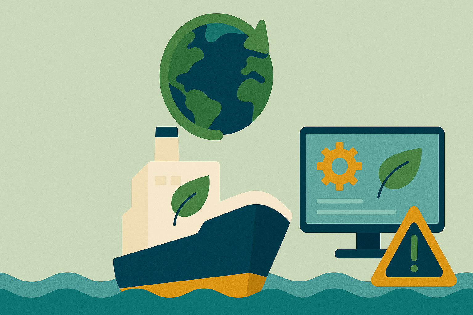 Infografía ilustrada con estilo flat mostrando un barco con hoja verde, el planeta Tierra con flecha circular, un monitor con engranaje y hoja, y un ícono de alerta naranja sobre el mar, representando sostenibilidad e innovación en la industria naval.