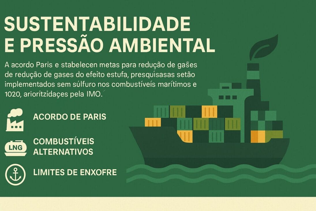 Infográfico ilustrando las iniciativas de sostenibilidad y la presión ambiental sobre la industria naval, destacando el Acuerdo de París, combustibles alternativos y límites de azufre, junto a un barco carguero estilizado.