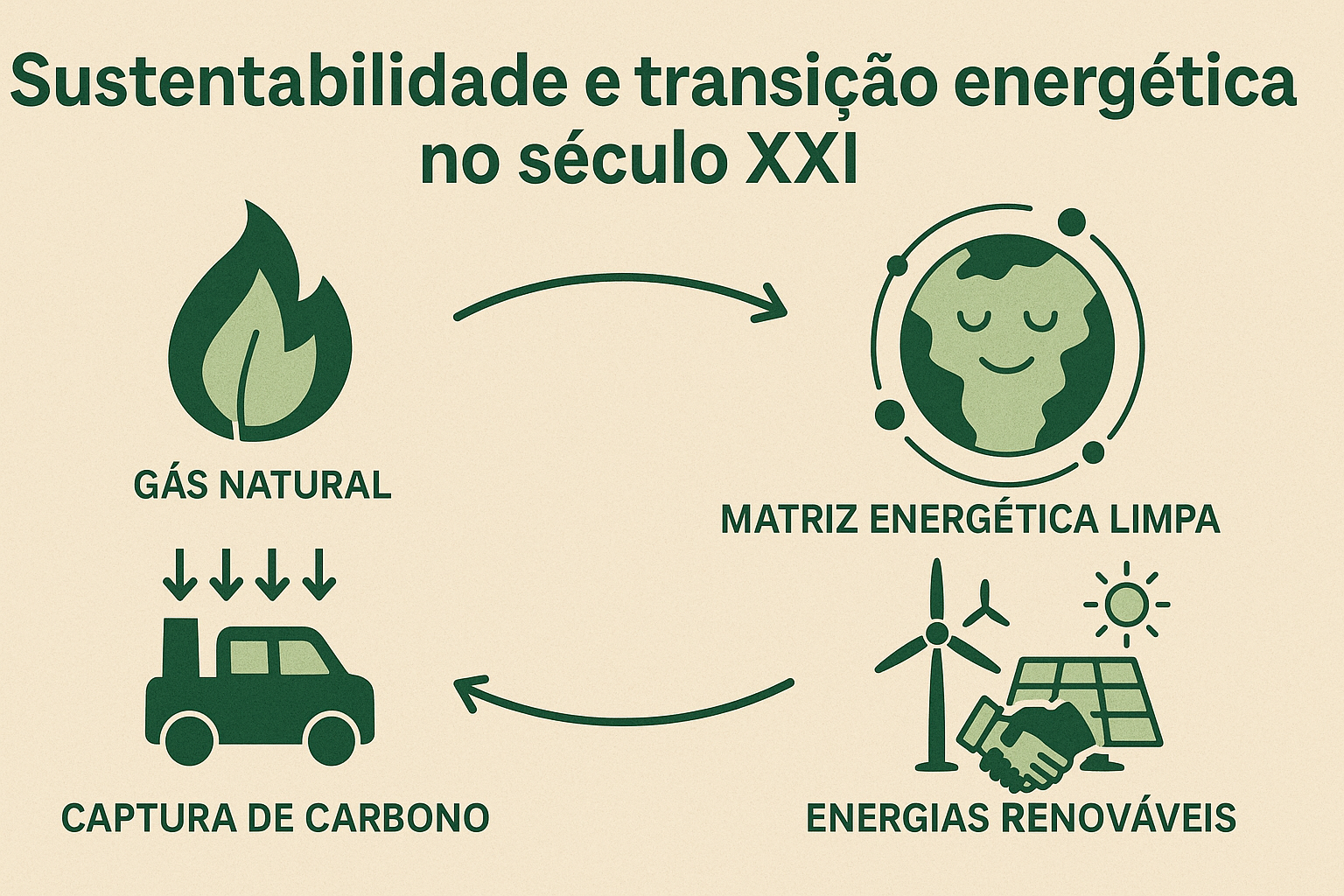 Infográfico sobre sostenibilidad y transición energética en el siglo XXI, con íconos representando gas natural, matriz energética limpia, energías renovables y captura de carbono, conectados por flechas.