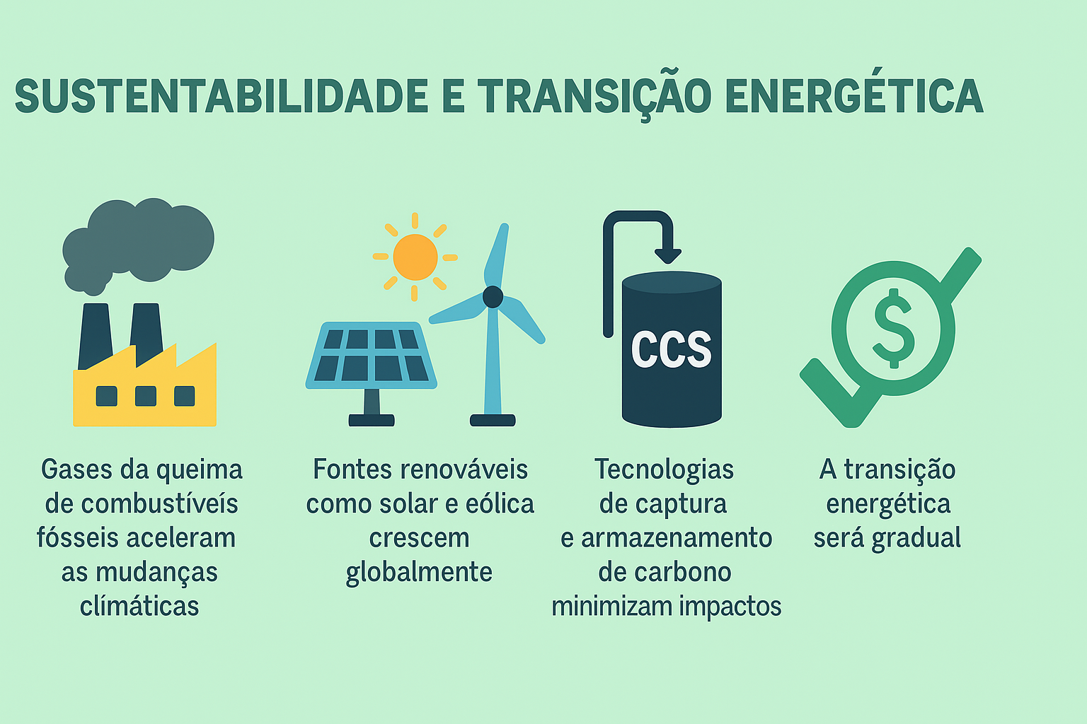 Infográfico sobre sostenibilidad y transición energética, con íconos representando emisiones de combustibles fósiles, energías renovables, captura de carbono y el proceso gradual de la transición energética.