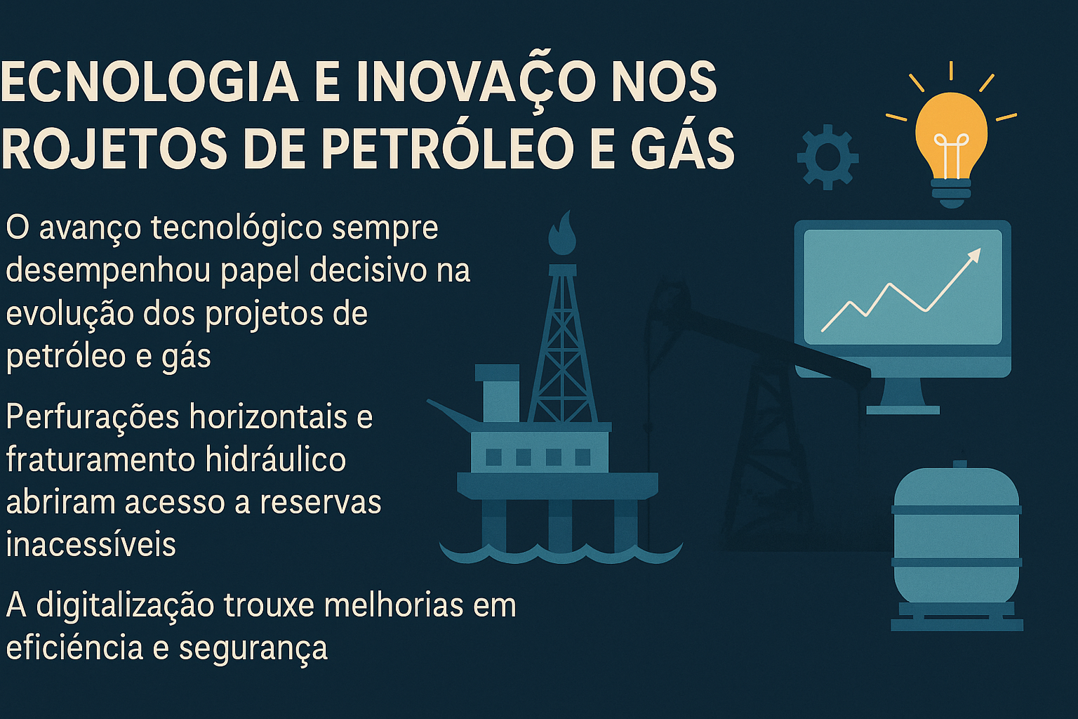 Infografía con el título "Tecnología e Innovación en los Proyectos de Petróleo y Gas", presentando tres tópicos principales a la izquierda y ilustraciones de plataformas, computadoras y bombillas a la derecha, en tonos de azul oscuro y teal.