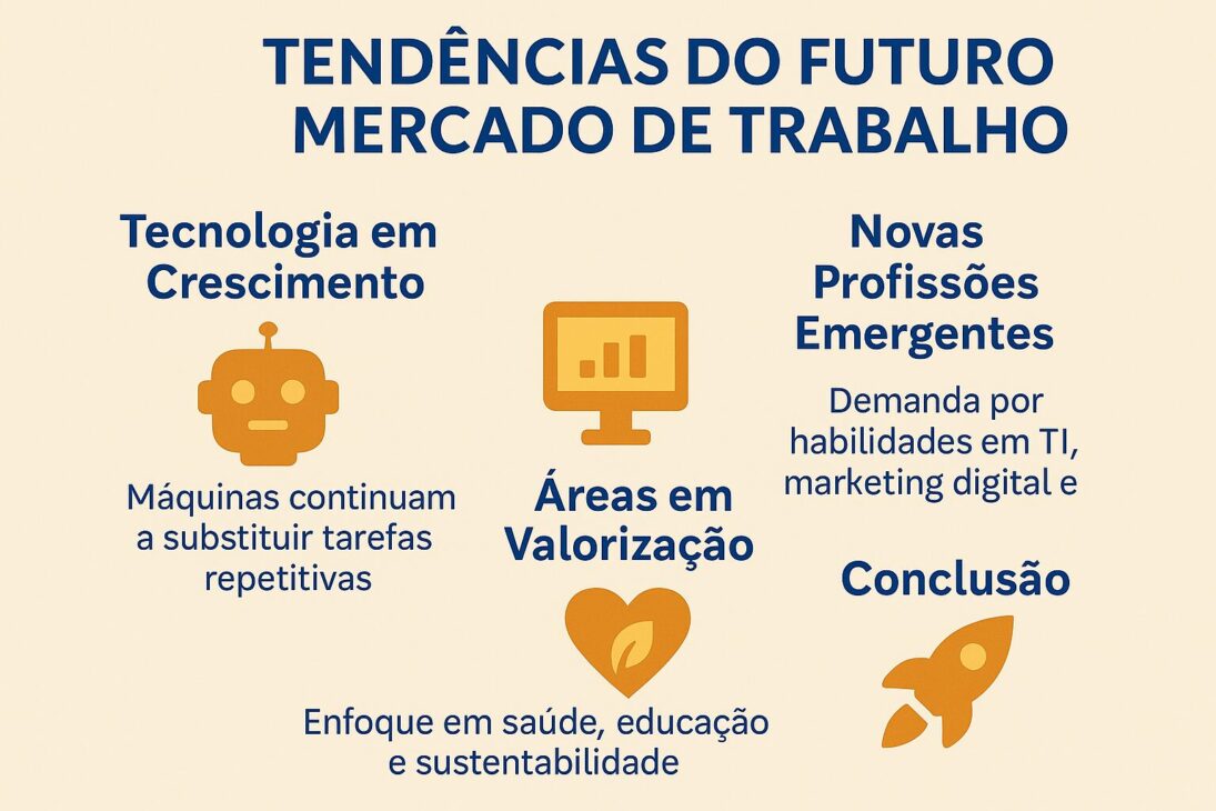 Infografía ilustrando tendencias del futuro mercado laboral, con íconos y textos sobre tecnología, nuevas profesiones, áreas valoradas y la importancia del aprendizaje continuo.