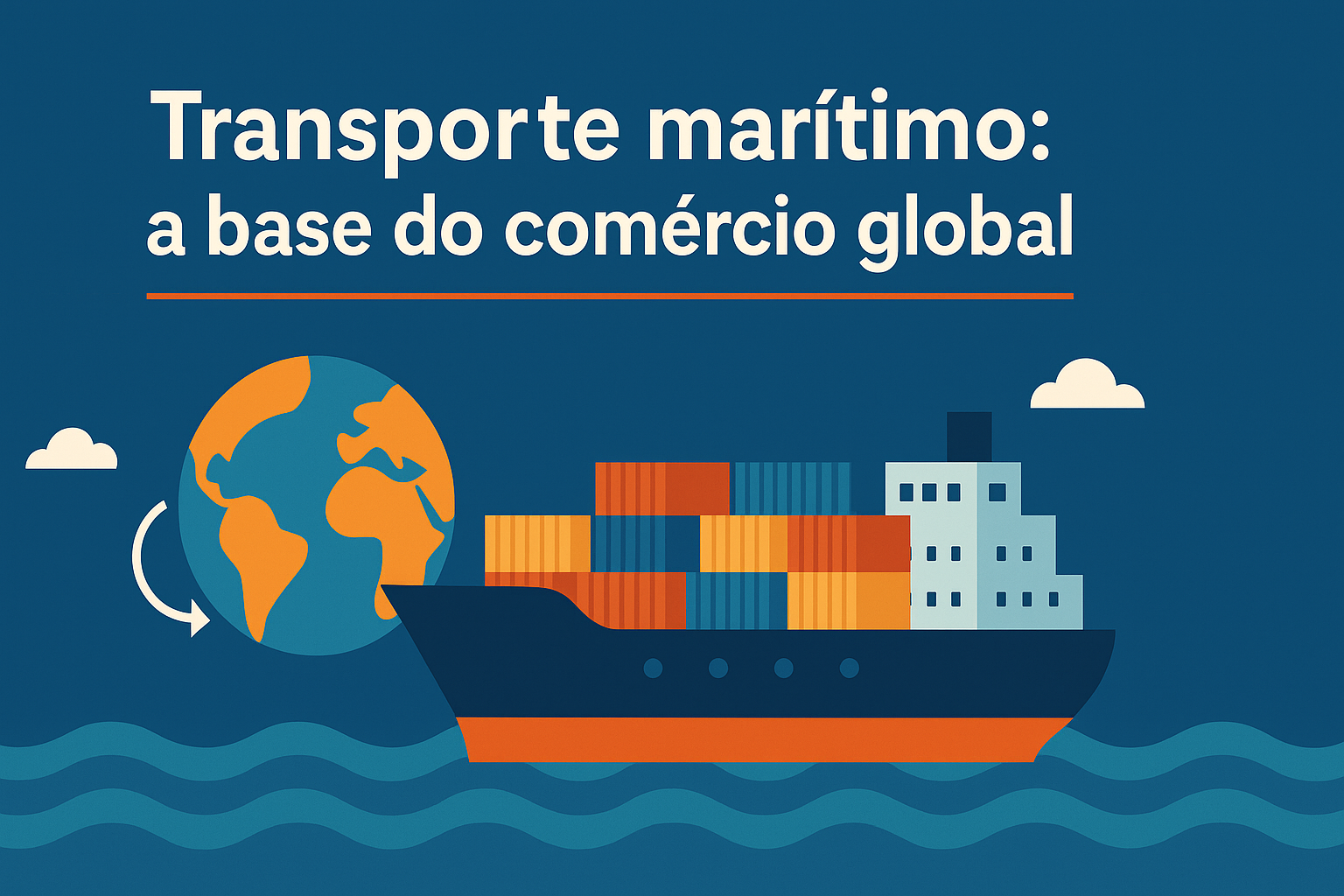 Infográfico de un barco de carga navegando frente a un globo terráqueo con una flecha indicando el flujo del comercio global, representando el transporte marítimo.