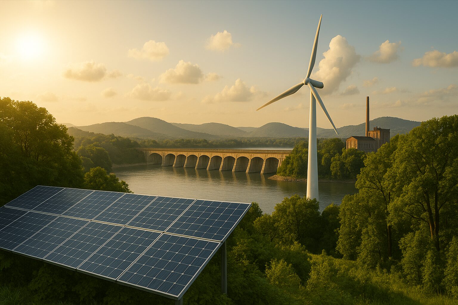 Paisagem realista com painéis solares, turbina eólica e usina hidrelétrica ao entardecer.