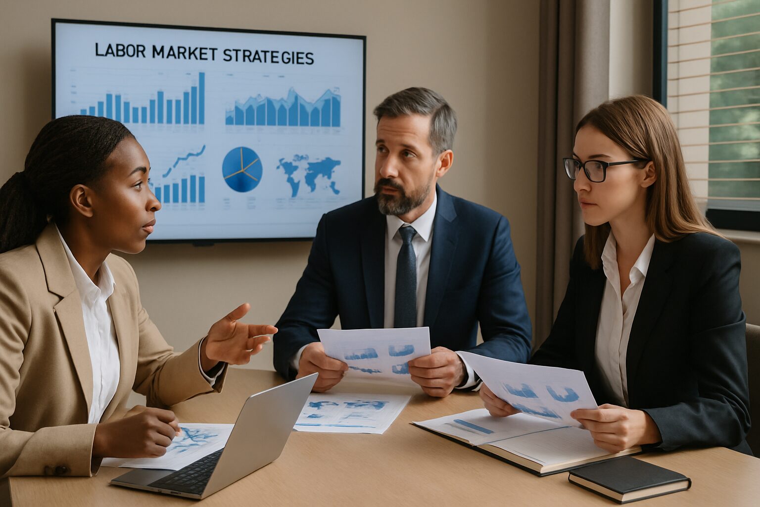 Profissionais discutem estratégias do mercado de trabalho em reunião de negócios, com gráficos exibidos em tela.
