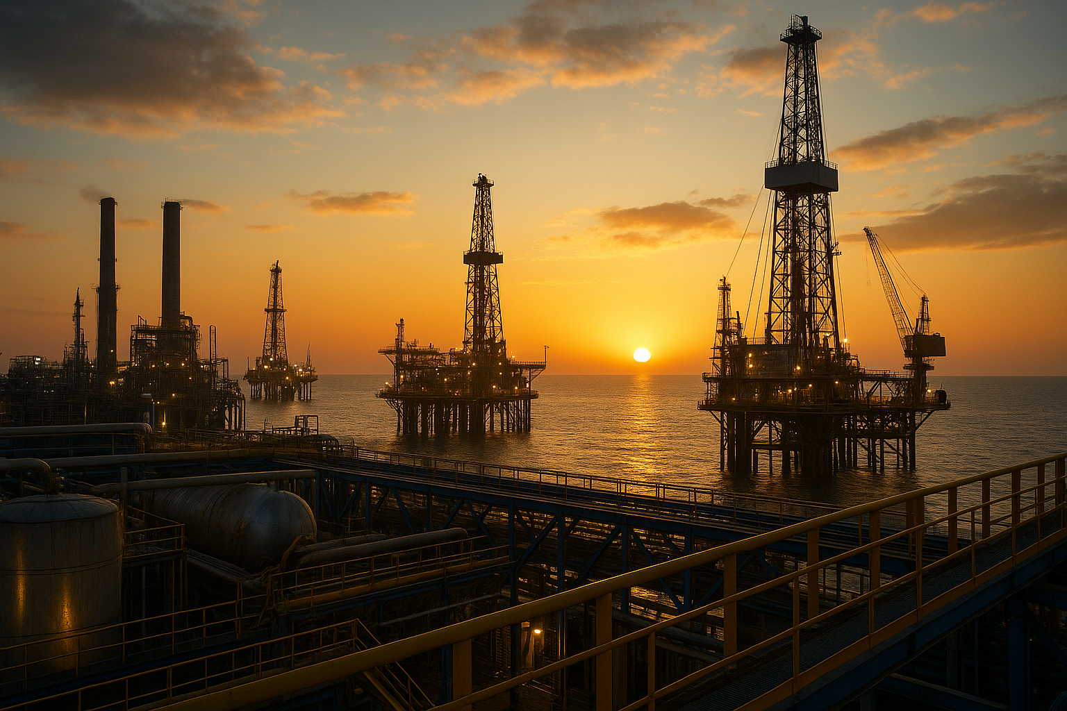 Plataforma de petróleo offshore ao pôr do sol com refinaria industrial ao fundo.