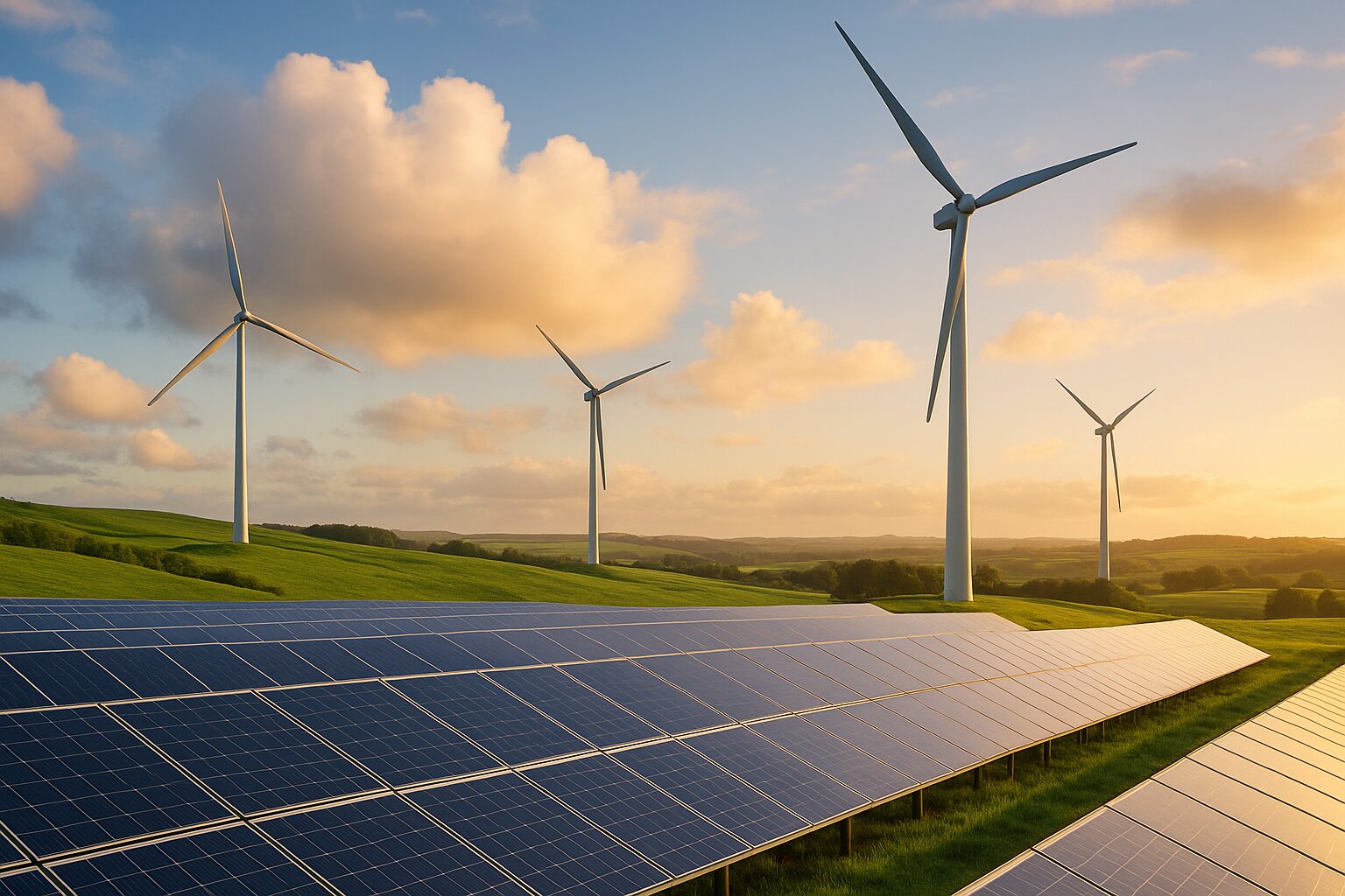 Painel solar e turbinas eólicas em campo verde ao pôr do sol, representando fontes de energia renovável.