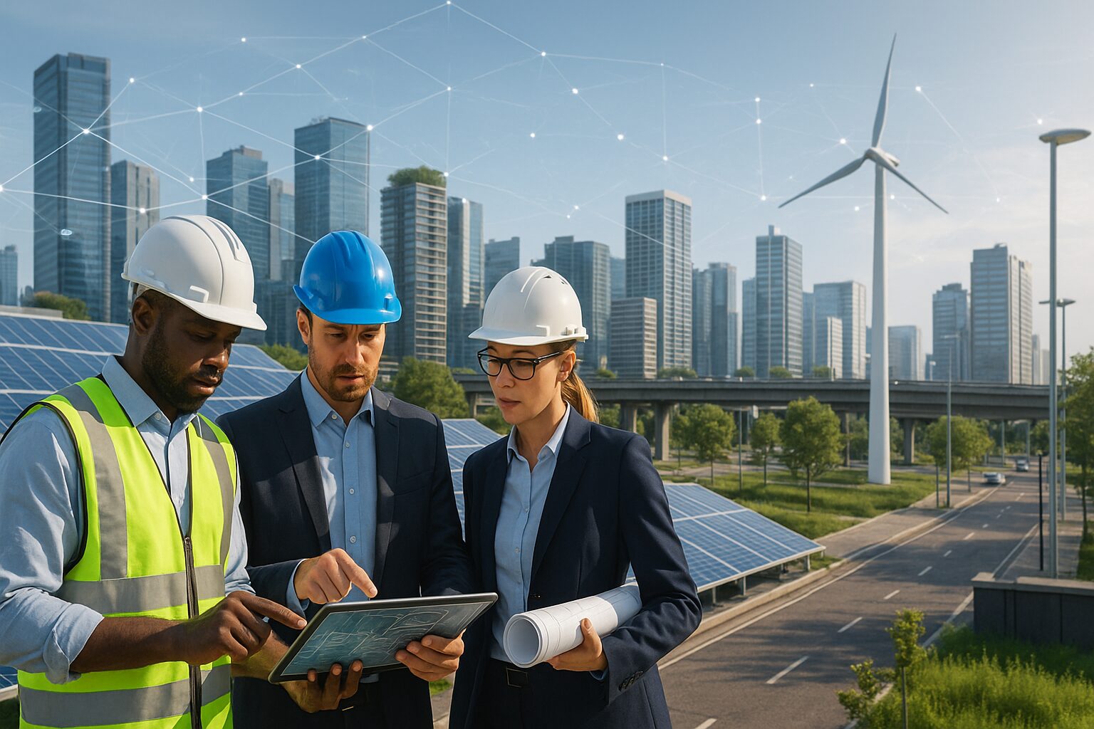 Engenheiros analisam plano digital em frente a painéis solares e turbina eólica em cidade inteligente com prédios modernos ao fundo.
