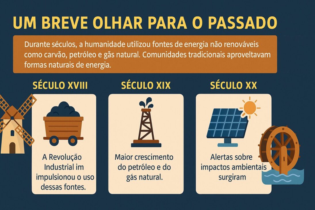 Infográfico en formato horizontal mostrando la evolución del uso de fuentes de energía entre los siglos XVIII y XX, con íconos representando carbón, petróleo, energía solar y molinos.