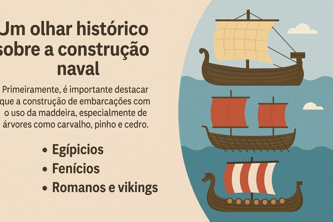 Infografía sobre la evolución histórica de la construcción naval, con destaque para embarcaciones egipcias, fenicias y vikingas, acompañado de texto explicativo centralizado.