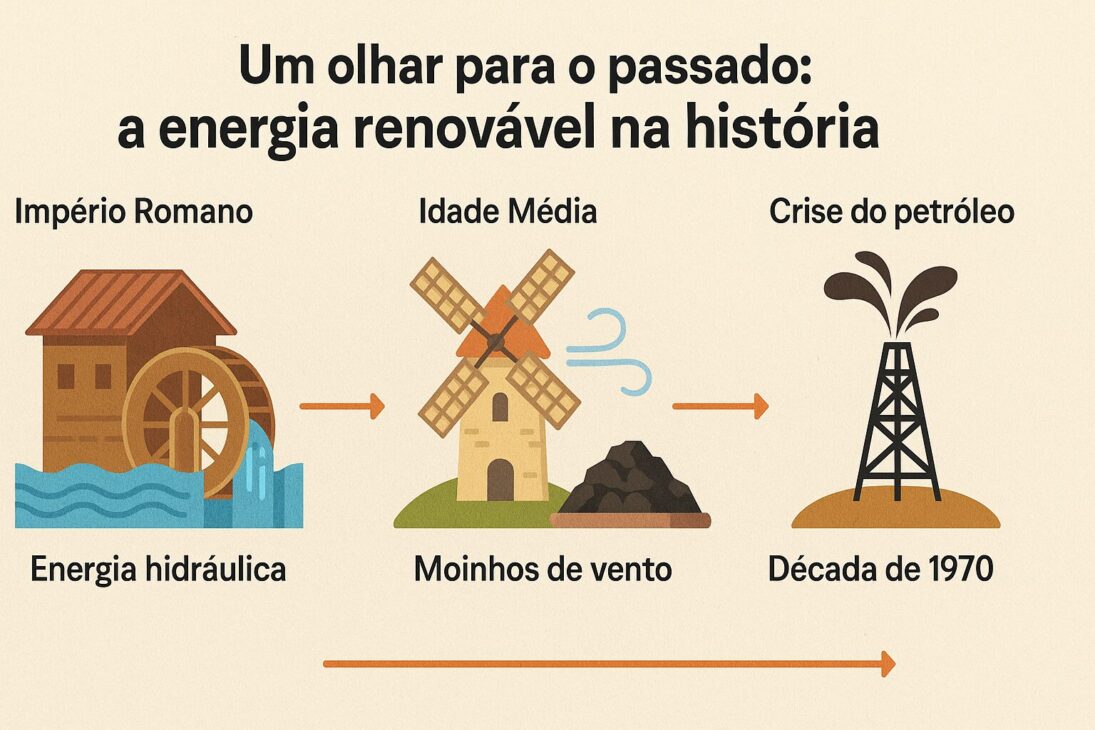 Infográfico histórico sobre la evolución de la energía renovable, con ilustraciones de una rueda de agua romana, un molino de viento medieval y una torre de petróleo de los años 1970.