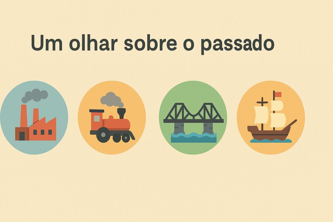 Infográfico digital ilustrando la evolución de la infraestructura desde la Revolución Industrial hasta el siglo XXI, con íconos de trenes, puentes y rascacielos.