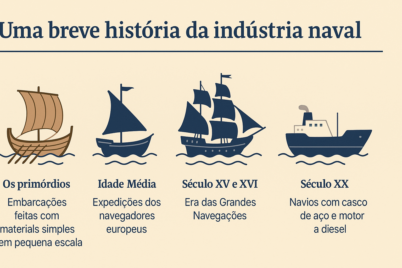 Línea del tiempo ilustrada de la historia de la industria naval con embarcaciones representando diferentes períodos históricos, desde los inicios hasta el siglo XX.