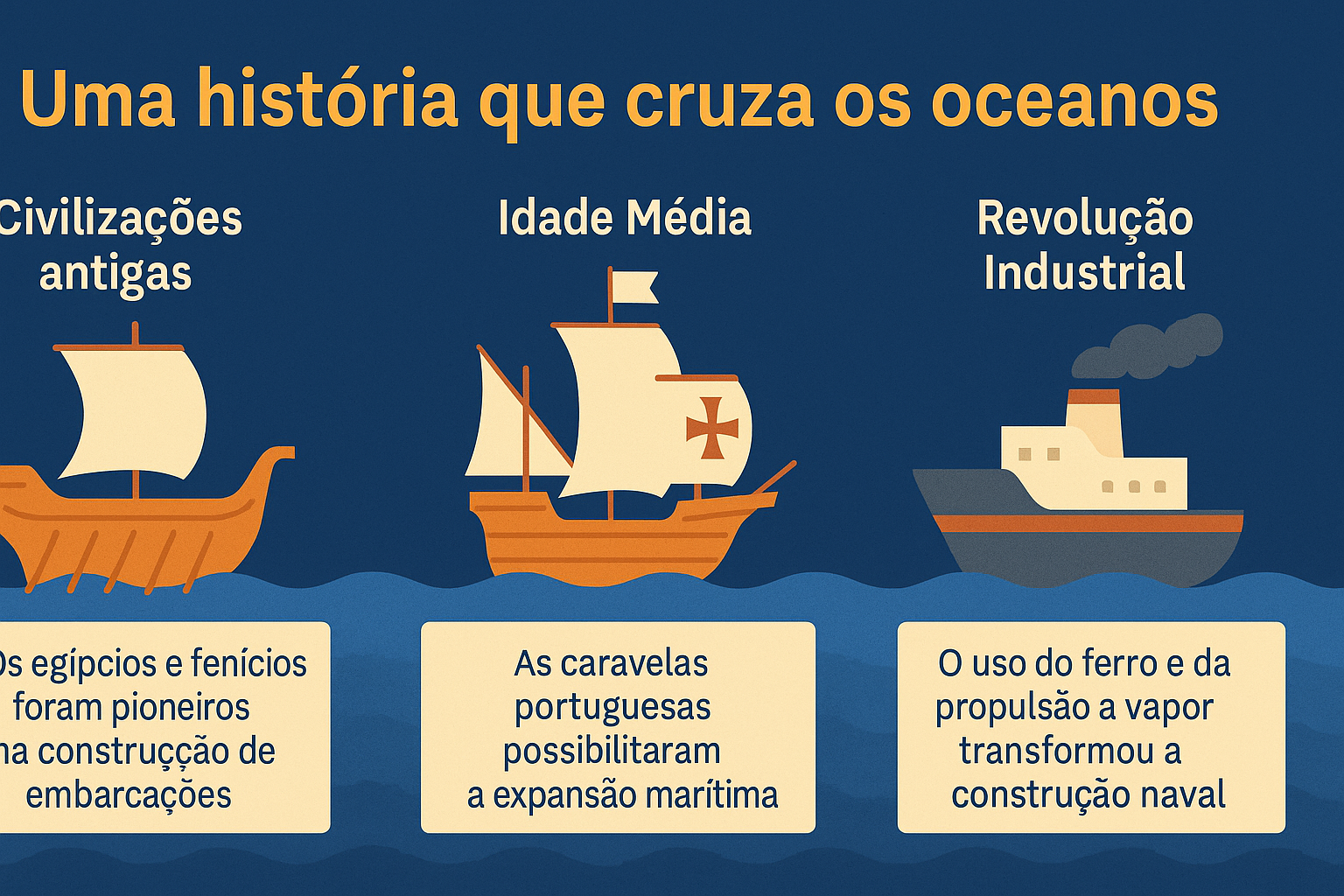 Infográfico ilustrando la evolución de la industria naval con tres embarcaciones representando civilizaciones antiguas, la Edad Media y la Revolución Industrial, cada una acompañada de un texto explicativo sobre su contribución histórica.