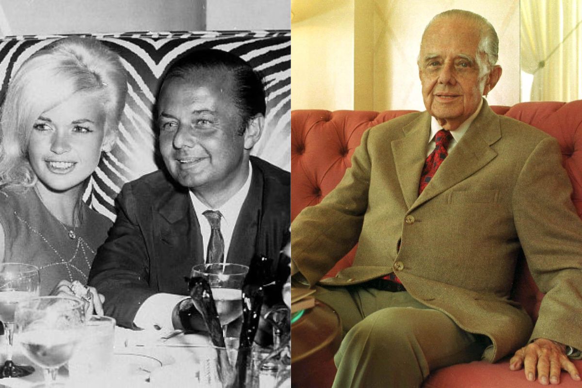 Foto dupla: à esquerda, Jorginho Guinle jovem janta com a atriz Jayne Mansfield; à direita, ele aparece idoso em poltrona, evidenciando mudança de vida.