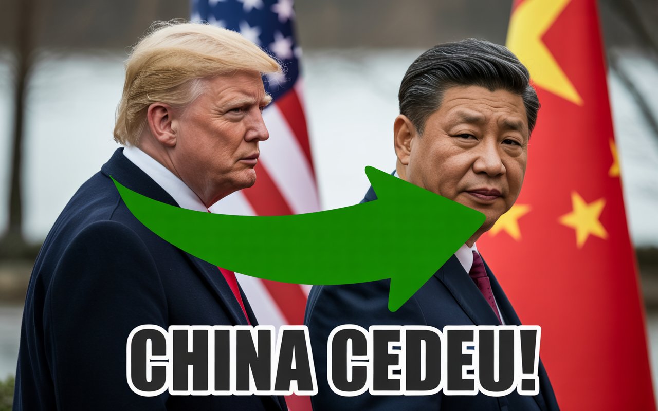 Donald Trump ao centro com Xi Jinping à direita e bandeiras dos EUA e China ao fundo, com a frase "China Cedeu!" em destaque