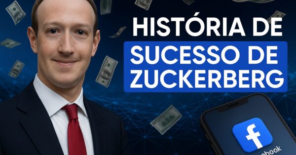 Mark Zuckerberg de terno e gravata em frente a um fundo digital com notas de dólar flutuando e o logotipo do Facebook em um celular, ao lado da frase “História de sucesso de Zuckerberg”.