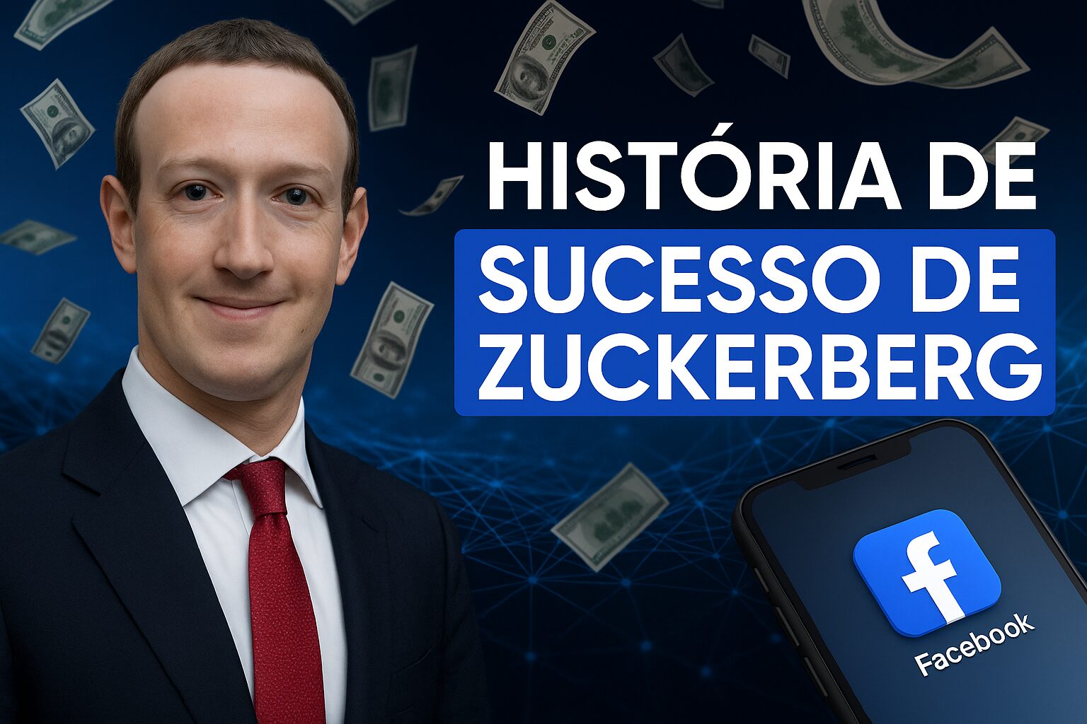Mark Zuckerberg de terno e gravata em frente a um fundo digital com notas de dólar flutuando e o logotipo do Facebook em um celular, ao lado da frase “História de sucesso de Zuckerberg”.
