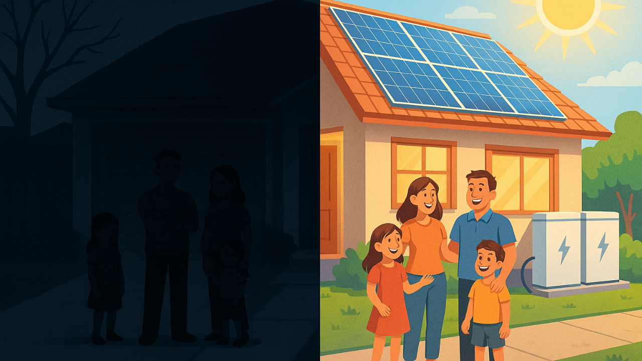 A La Izquierda, Los Desafíos De Vivir Con Apagones Frecuentes. A La Derecha, La Tranquilidad Y Autonomía Proporcionadas Por La Energía Solar Con Baterías: Confort, Ahorro Y Sostenibilidad Para Toda La Familia.
