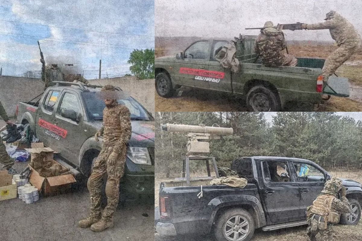 Colagem de três fotos mostra pickups Nissan e Volkswagen Amarok convertidas em veículos de combate pela ONG Cars4Ukraine, com soldados ucranianos armados em cenários de linha de frente.