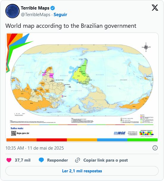 Mapa-múndi del IBGE 'invertido' se convierte en broma internacional en el perfil Terrible Maps